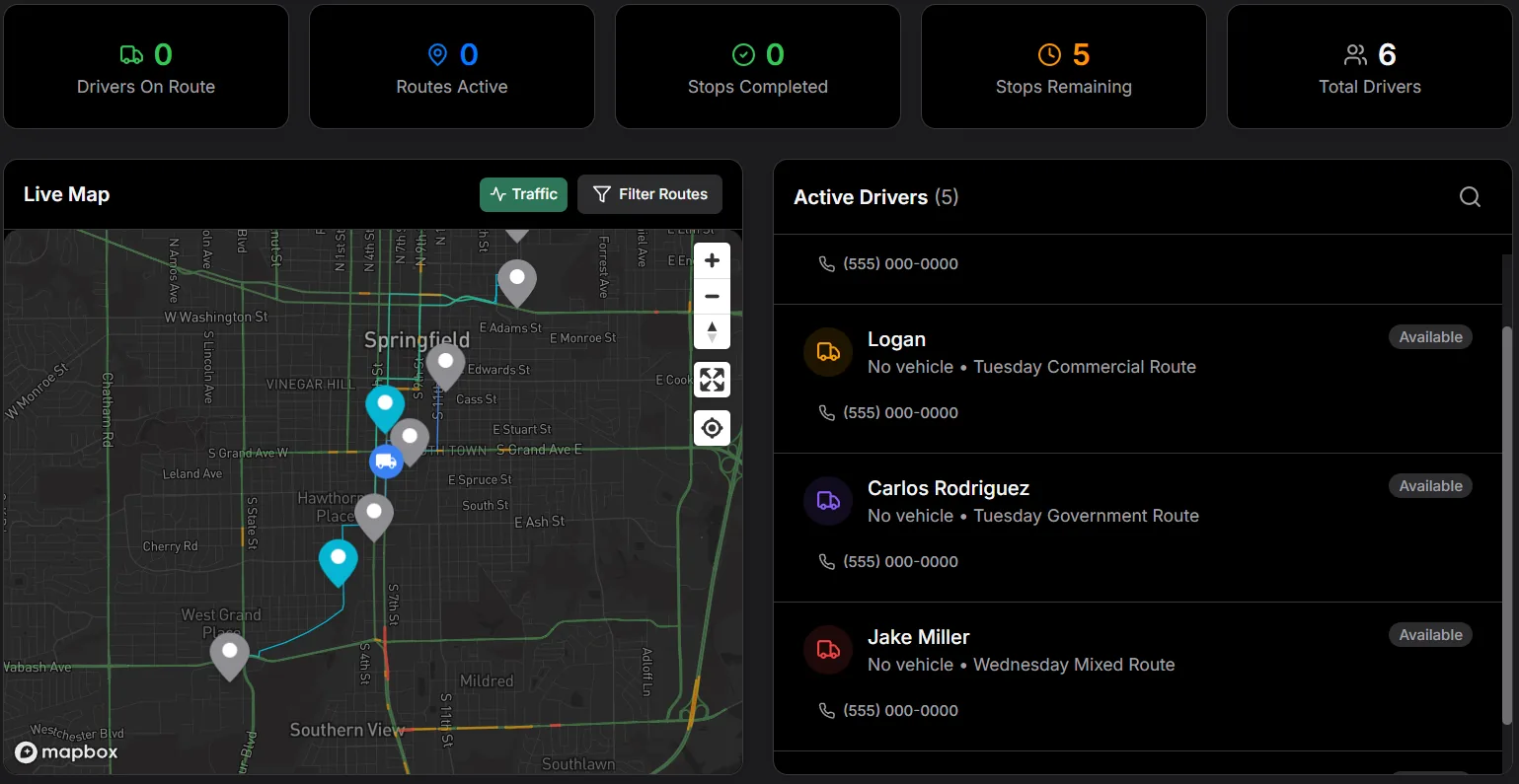 Real-time dispatch map with drag-and-drop route optimization for waste haulers
